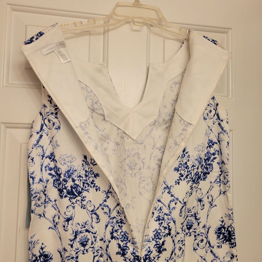 London Times Women's Size 2 Blue White Floral Damask Sleeveless Sheath Dress - Picture 6 of 9